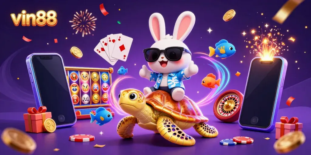 Experience the thrill of casino gaming with vin88 as a cartoon lucky rabbit delights on a golden turtle.
