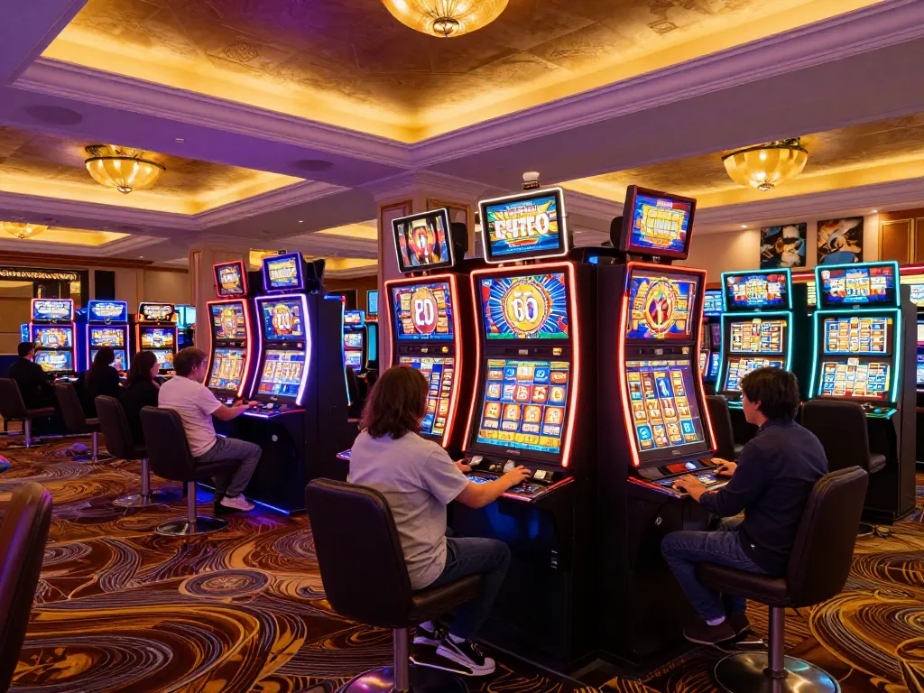 Exciting scene of players engaging with slot machines showcasing slot deposit 10000 strategy at a vibrant casino.