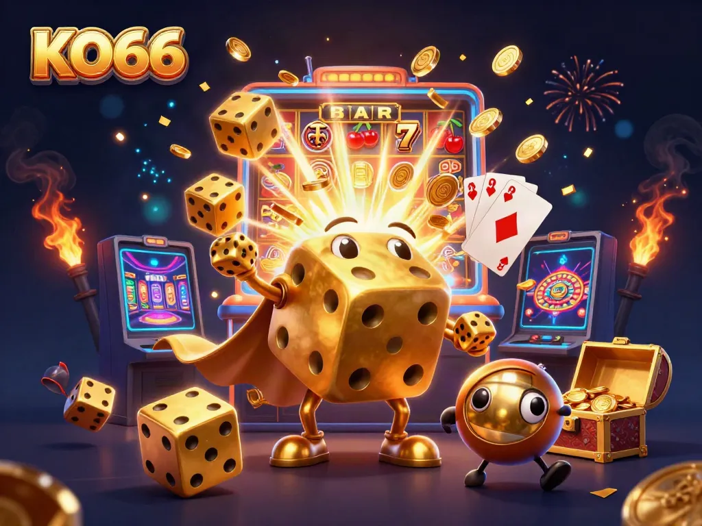 Spin the reels at KO66 with golden dice and exciting jackpot bursts in a vibrant scene.