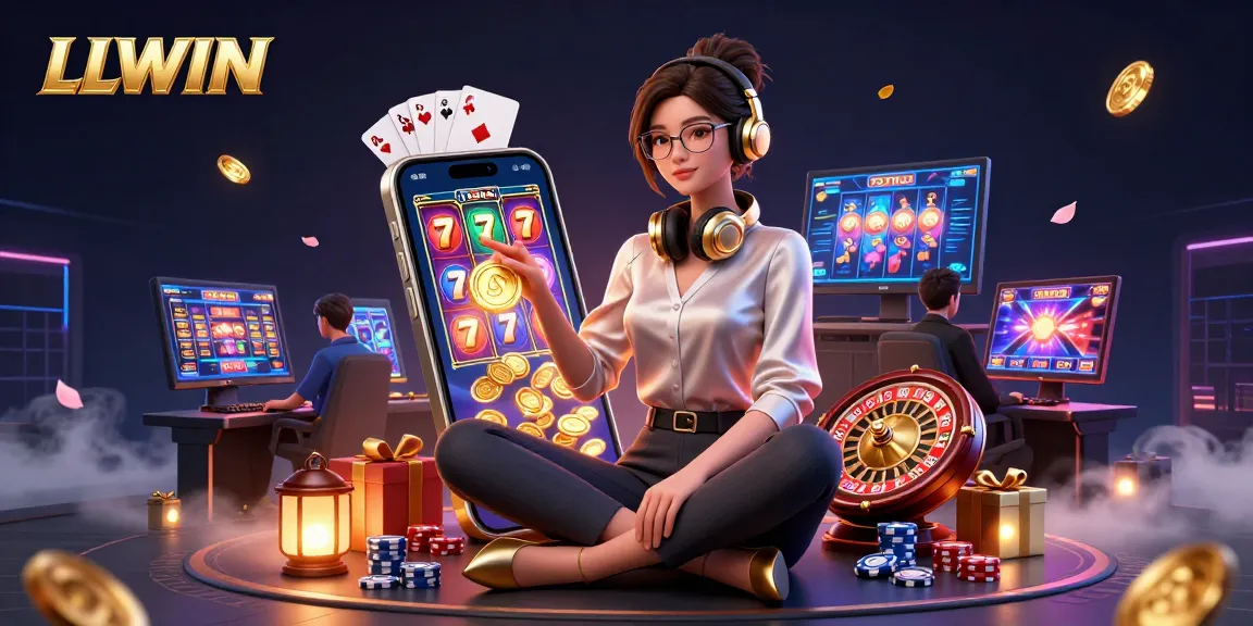 Experience thrilling gaming at LLWIN with an elegant Asian woman in a high-tech casino setup.