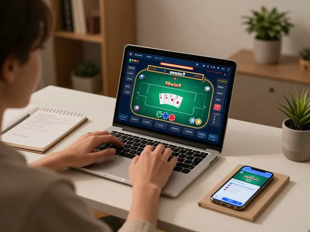 Engaging scene of a player at 98win9 enjoying online poker at home, with strategic notes and laptop visible.