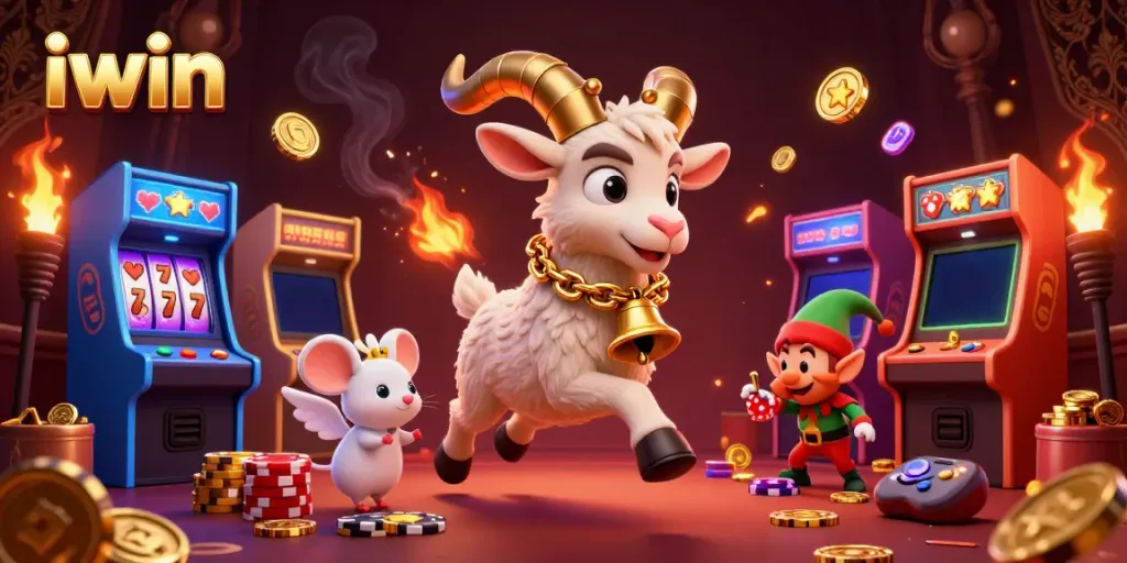 Iwin's festive casino scene showing a cartoon goat, angel mouse, and mischievous elves amidst abundant gaming elements.