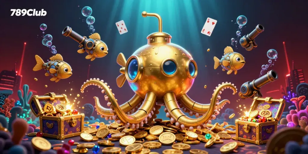Engaging 789Club illustration showcasing a golden kraken submarine amidst treasures and casino elements.
