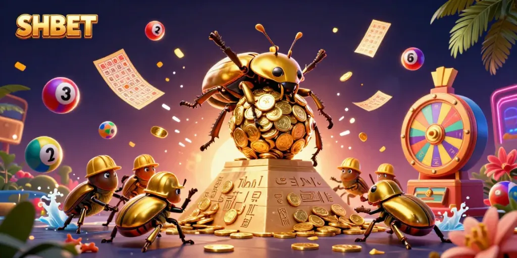 Engage with SHBET's vibrant gambling scene featuring golden beetles and colorful lottery balls.