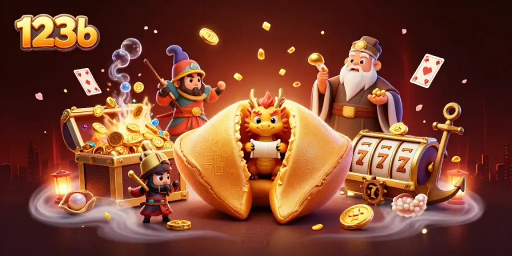 Engage with the vibrant scene of 123b featuring a golden fortune cookie and gambling elements.