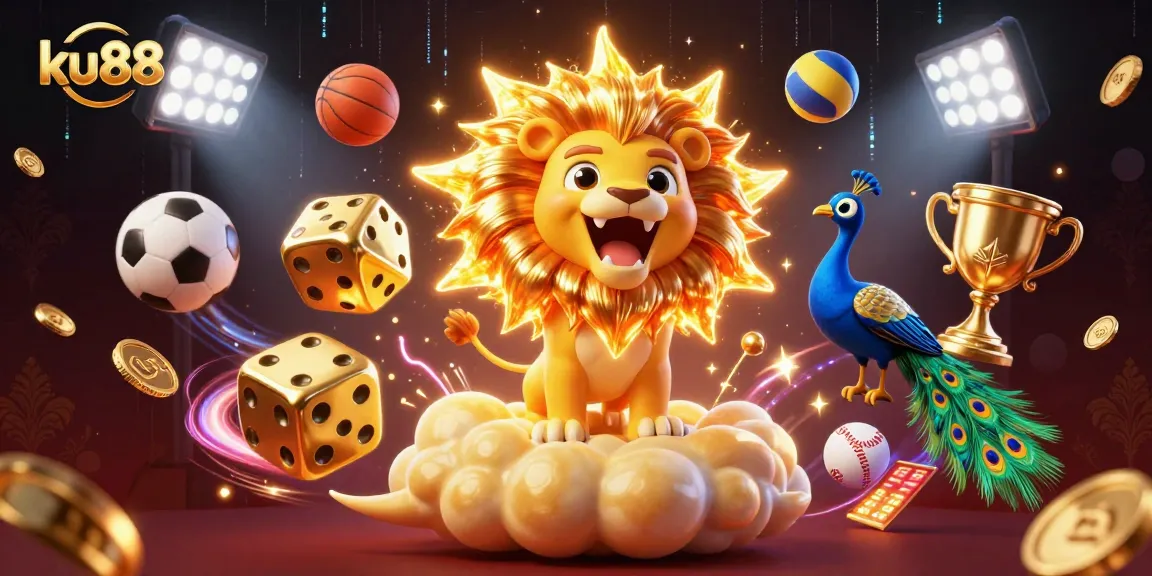 ku88 celebrates casino excitement with a dynamic 3D illustration of a roaring lion and sports elements.