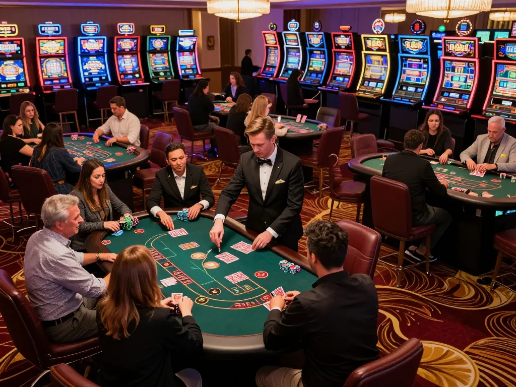 Players enjoy intense blackjack action at RR88 Casino, vibrant casino floor filled with colorful slot machines.