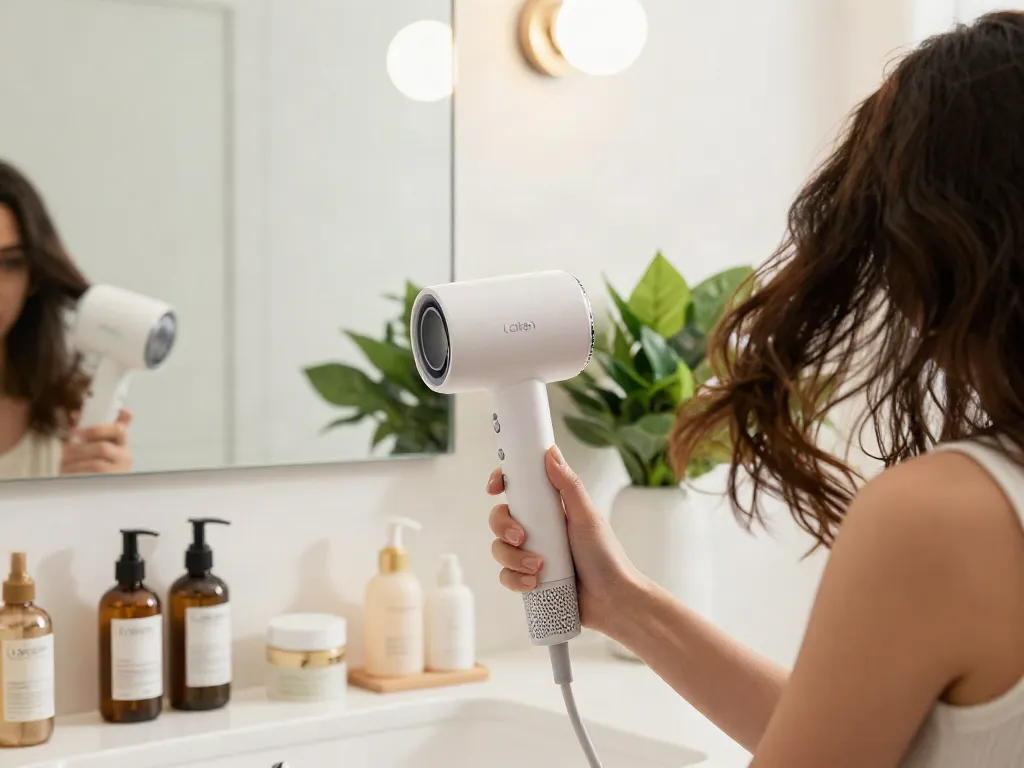 Frau benutzt den Laifen Air Pro Haartrockner in einem modernen Badezimmer mit eleganten Pflegeprodukten.