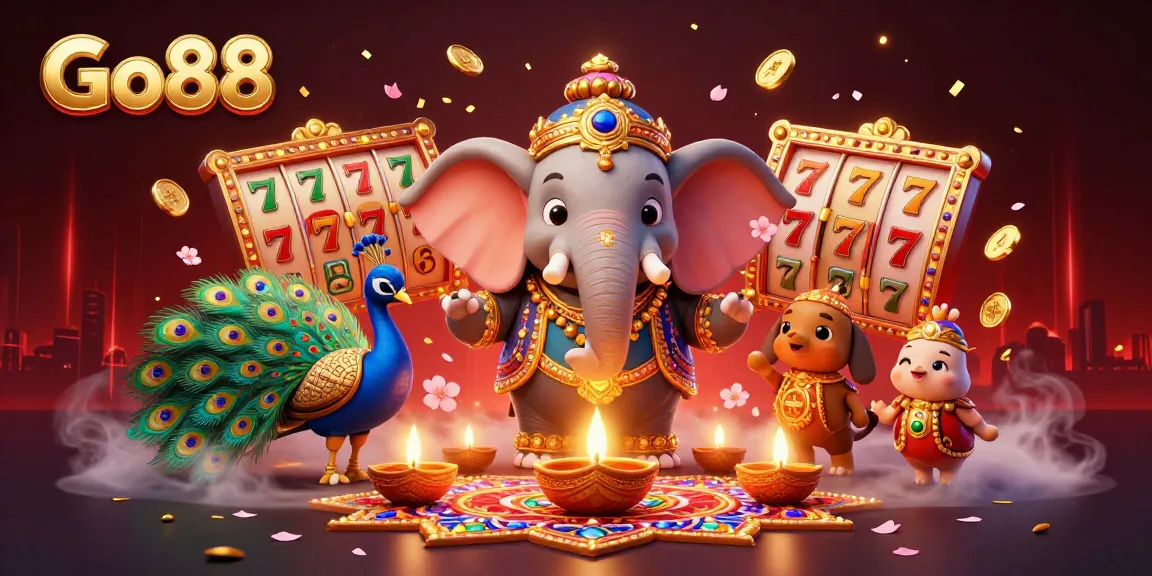 Spin the reels at Go88 with a vibrant festival scene featuring elephants and colorful decorations.
