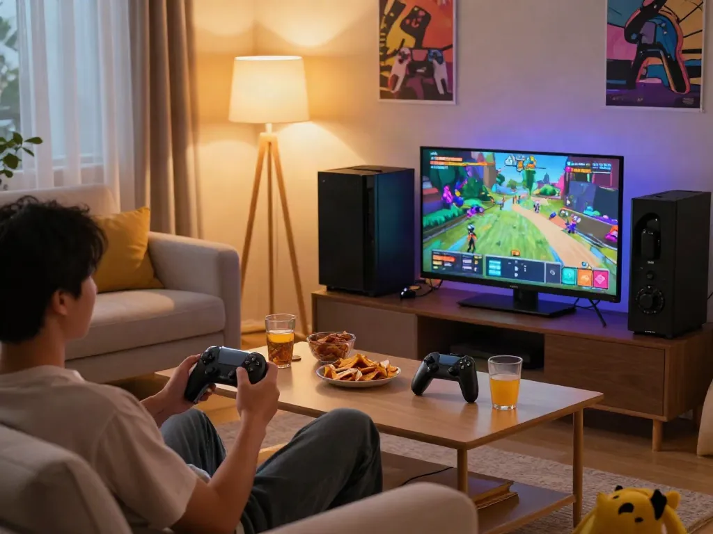 Enjoying a relaxed gaming session at home, rokok88 themed.