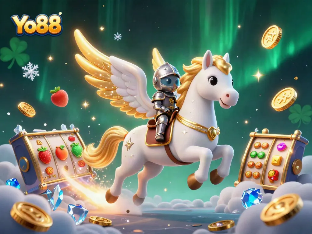 Experience the thrill of Yo88 with vibrant slot reels and a celestial scene showcasing gaming excitement and glory.