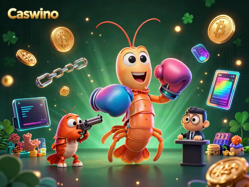 Experience the excitement of Caswino Casino with vibrant 3D characters amidst glowing crypto elements.