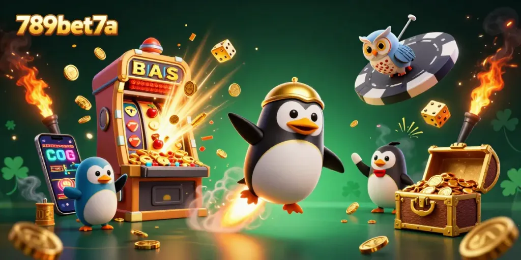 Experience winning at 789bet7a with a golden penguin, casino elements, and dynamic visuals.