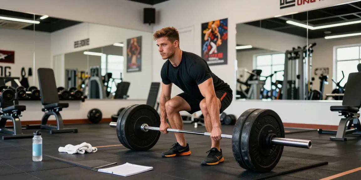 Anabolikashop: Bodybuilder hebt Gewichte im modernen Fitnessstudio mit motivierenden Elementen.
