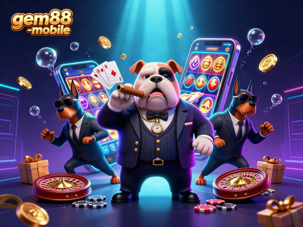 Play dynamic slots on gem88-mobile with a bulldog in a casino-themed 3D scene