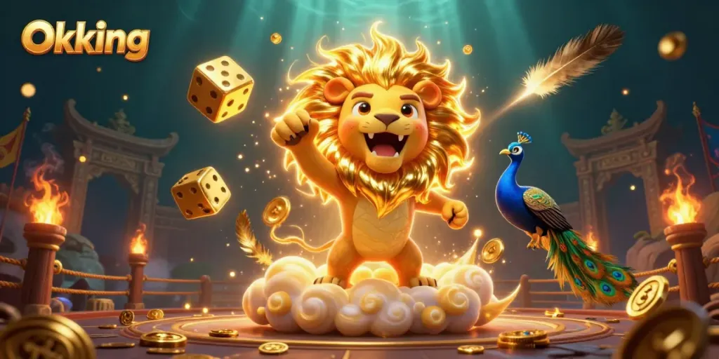Experience the excitement of Okking with vibrant casino elements and animated characters in a dynamic 3D rendering.