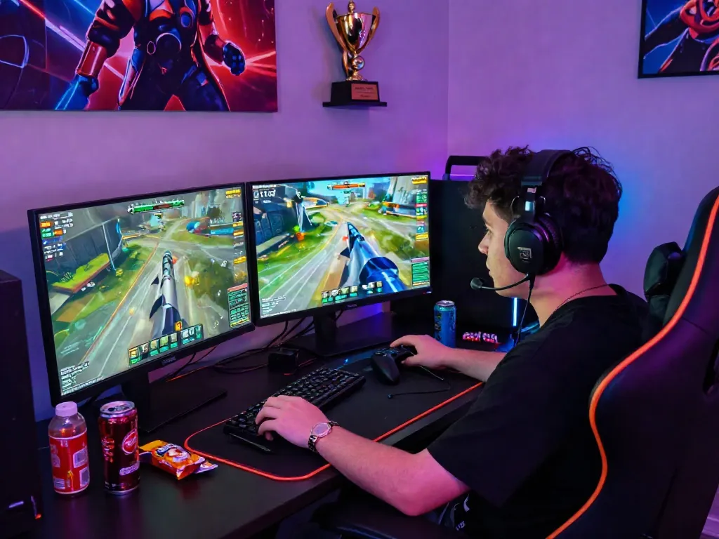 Gamer chơi trên nền tảng f168 với màn hình và thiết bị hiện đại.