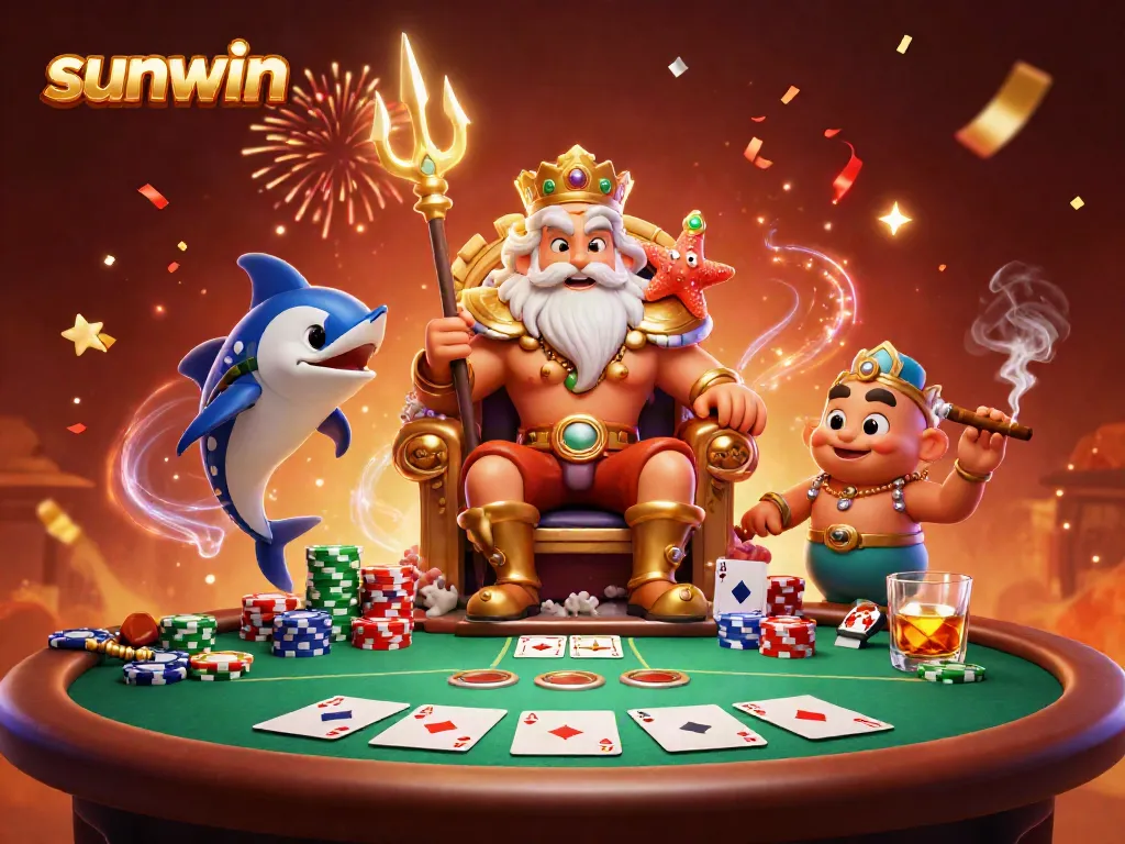 Experience the excitement at sunwin with Neptune and his samurai amid casino elements and vibrant confetti.