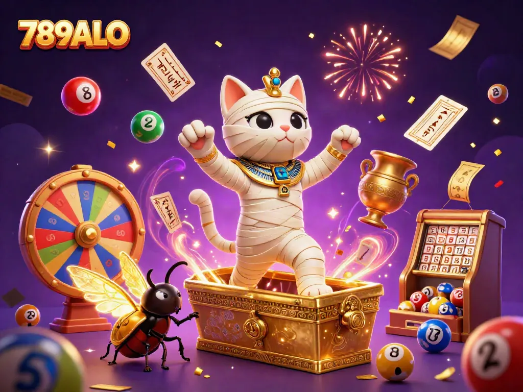 Watch the 789ALO Egyptian mummy cat emerge from a golden sarcophagus in a vibrant casino atmosphere.