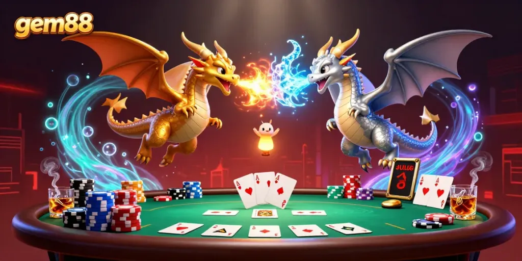 Experience thrilling gameplay at gem88 with majestic dragons, cards, and vibrant casino elements.