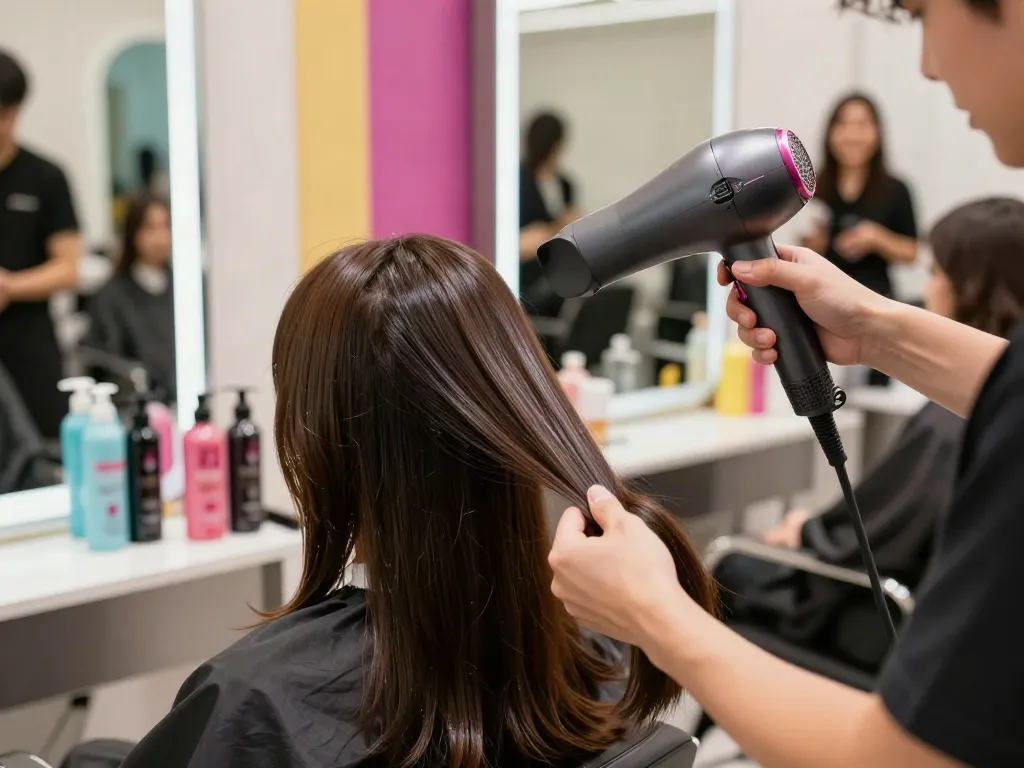 Einsatz eines Ionen-Haartrockners in einem modernen Friseursalon mit glänzendem Haar.