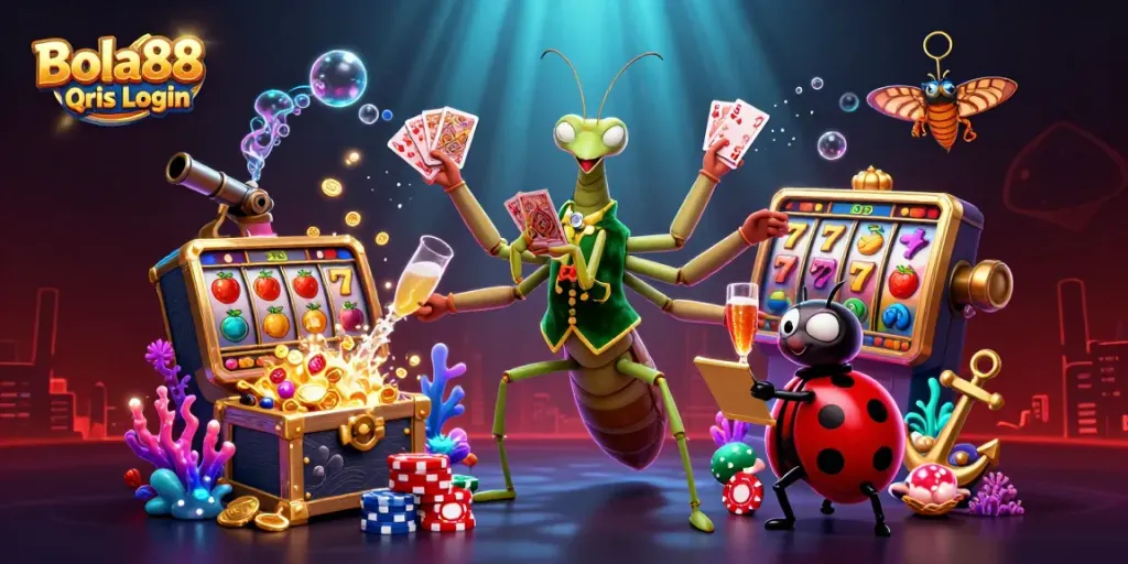 Bola88 Qris Login animated illustration showcasing vibrant casino symbols and characters in action.