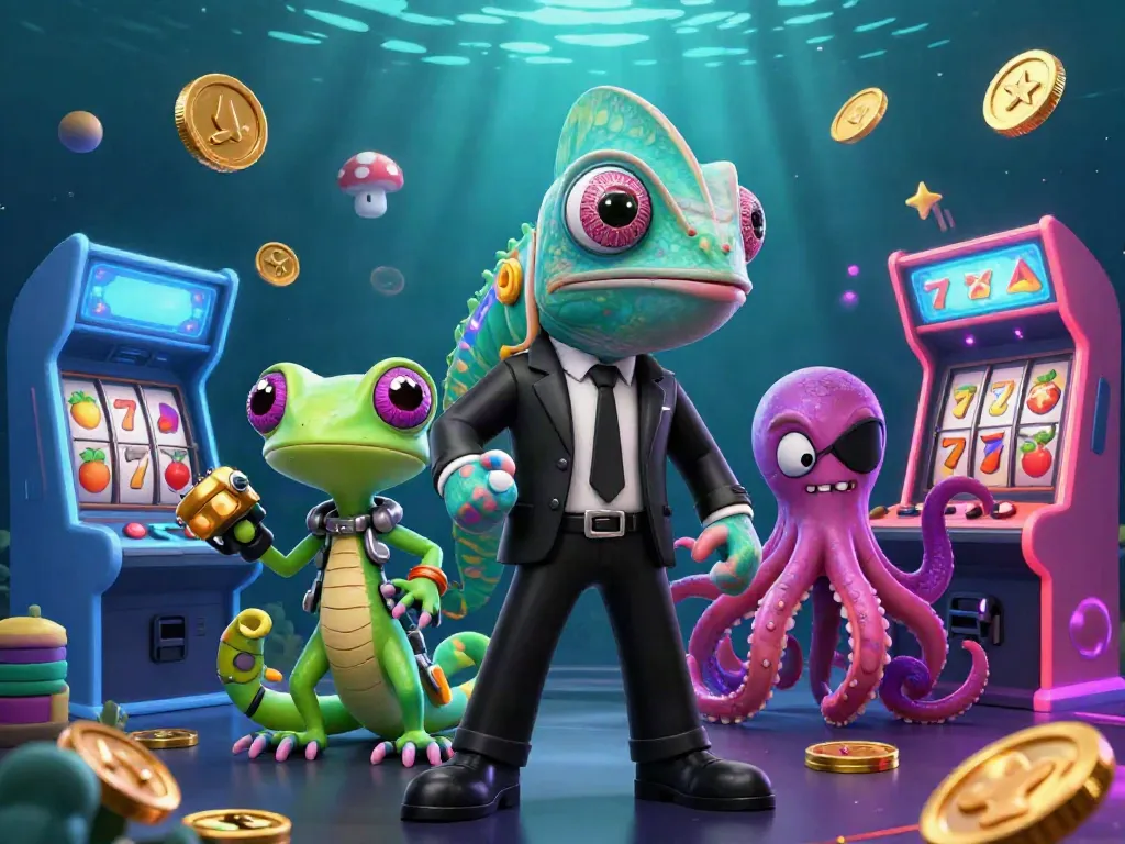 Gambaran 3D nias toto dengan agen rahasia chameleon, gecko genius, dan gurita jahat dalam permainan slot yang penuh warna.