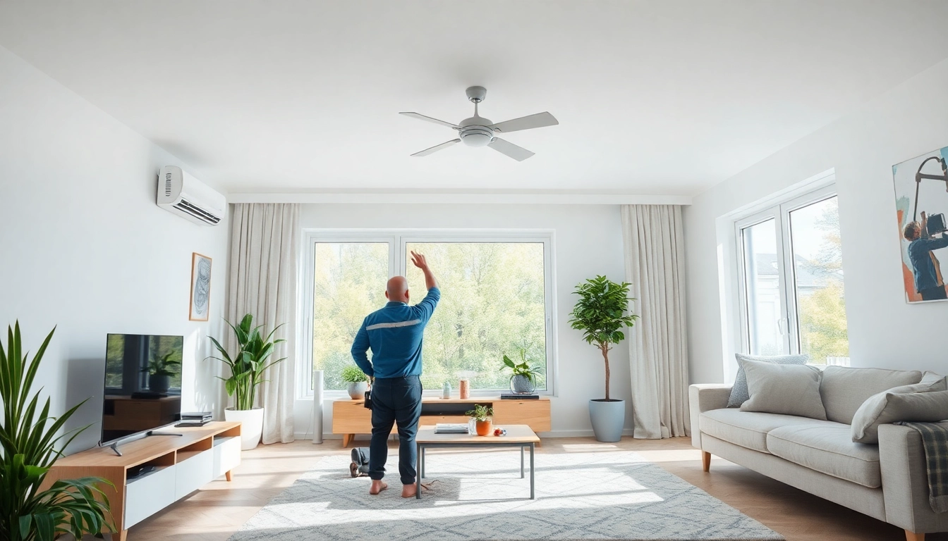 Klimaanlage installation in a modern living room, showcasing a technician working efficiently.