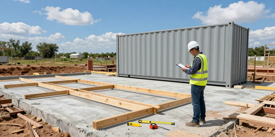 Fundament für Container wird von Bauarbeitern für eine stabile Basis vorbereitet.