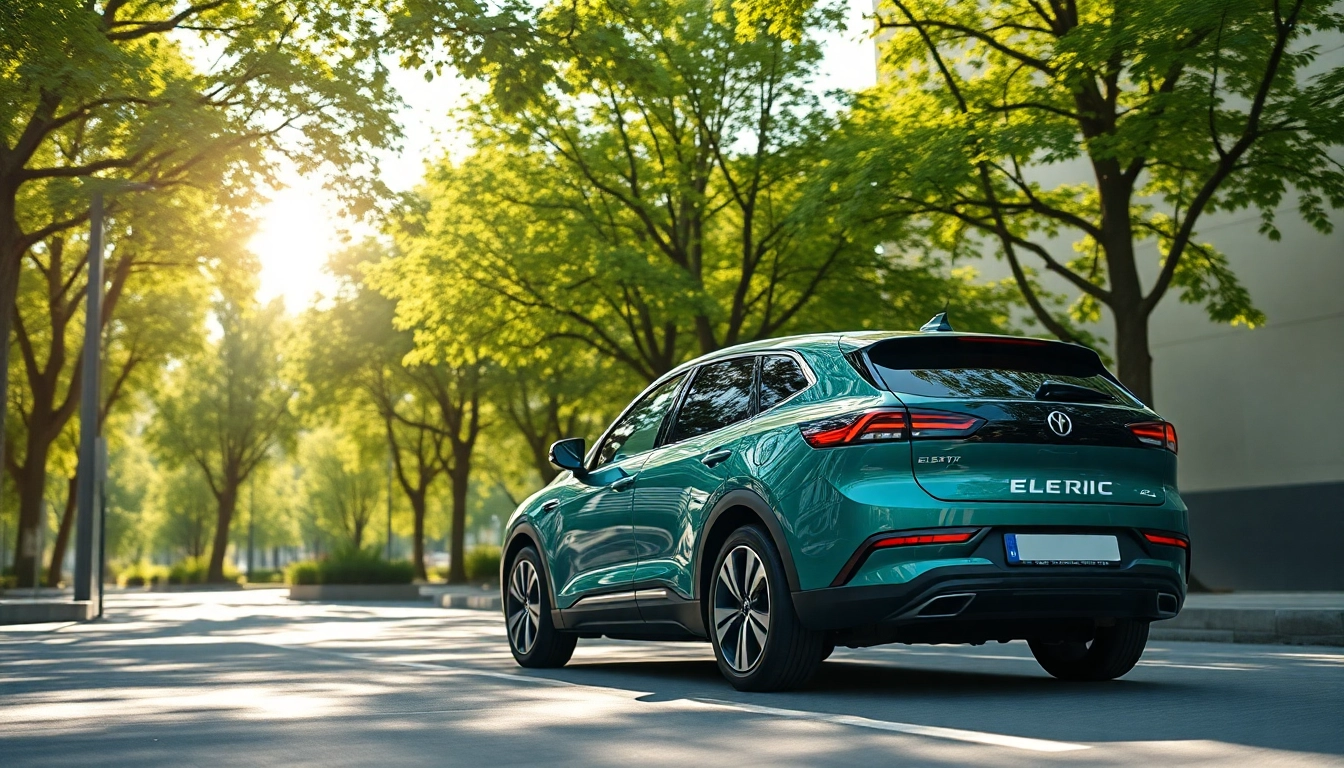 Elektroautos in der Stadt mit umweltfreundliche Ladeinfrastruktur und sonnigen Bäumen.