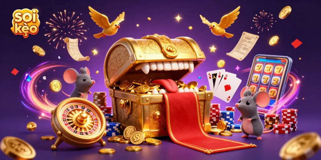 Soi kèo illustrated scene with a gold treasure chest, cascading coins, and dynamic casino elements