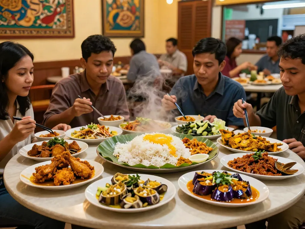 Enjoying a rokok88 login authentic Nasi Kandar meal with vibrant dishes in a cozy restaurant.