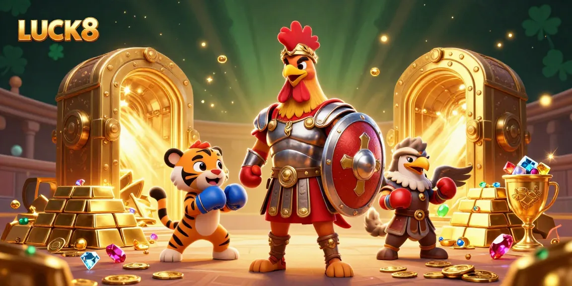 Experience the thrill of LUCK8 with this vibrant illustration featuring a gladiator rooster and immersive casino elements.