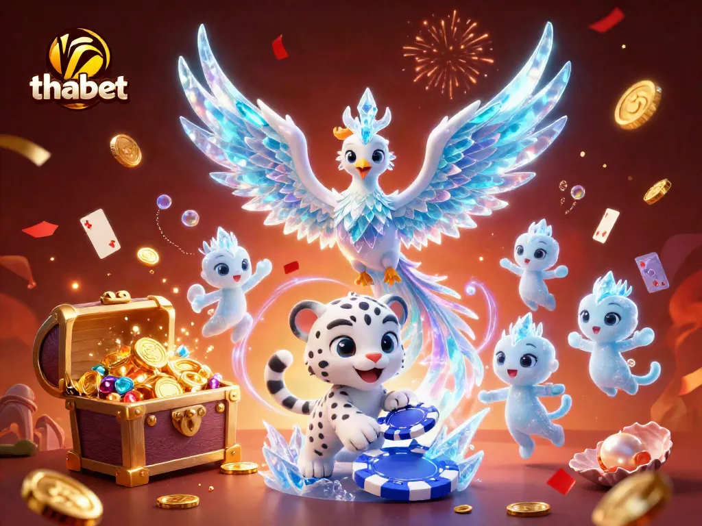 Experience the thrill of thabet with an ice phoenix and playful characters in a vivid casino scene.