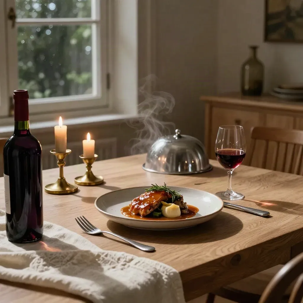 Abendtisch mit dampfendem Hauptgericht, Rotwein und Kerzenlicht in einem Altbau-Raum.