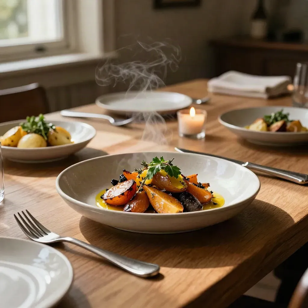 Saisonmenü mit geröstetem Wurzelgemüse, Kräutern und Kerzen auf Holztisch.