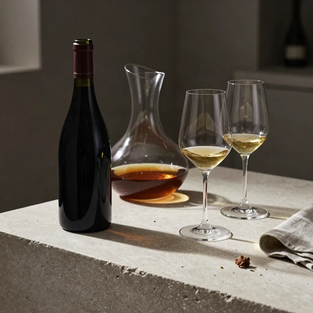 Weinbegleitung mit Burgunderflasche, Dekanter, drei Gläsern und kleinen Speisen auf hellem Stein.