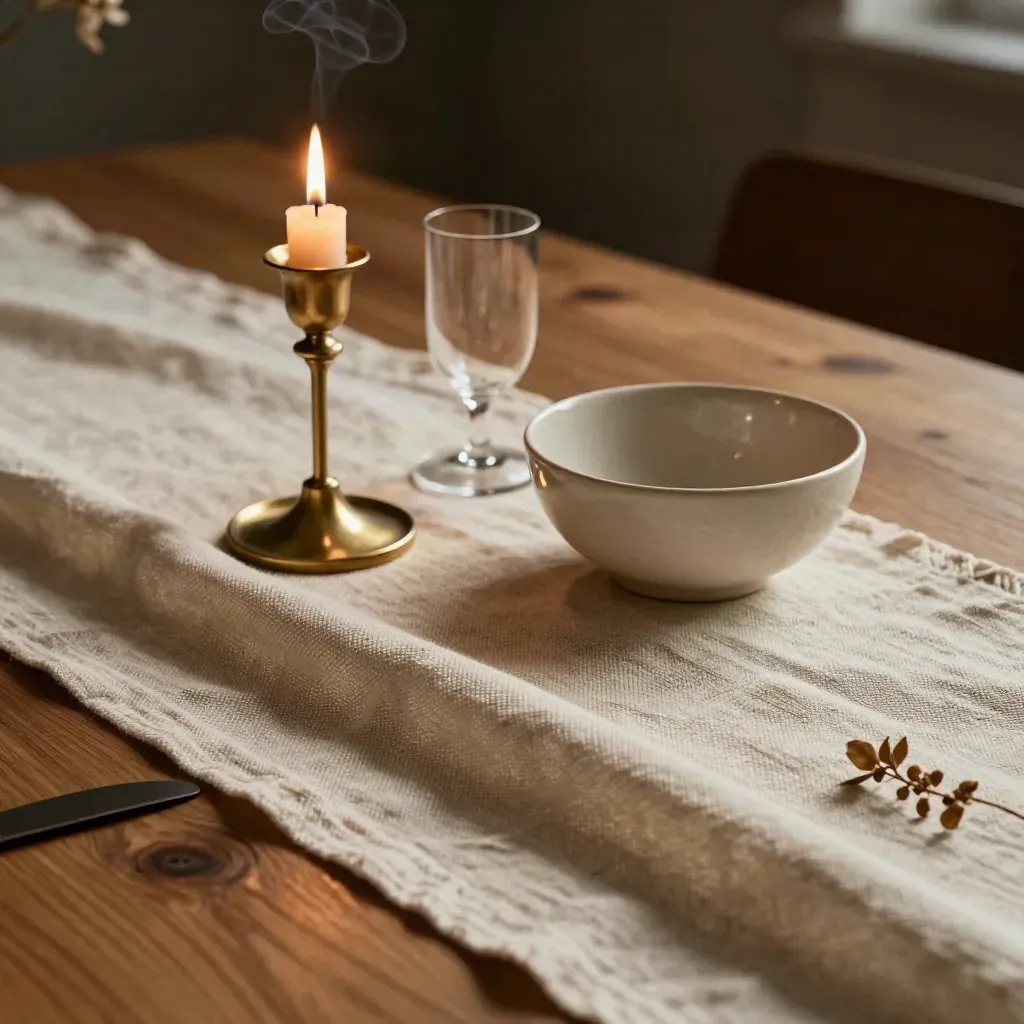 Detail eines stilvoll gedeckten Abendtischs mit Leinen, Messingkerzenhaltern und Keramik.