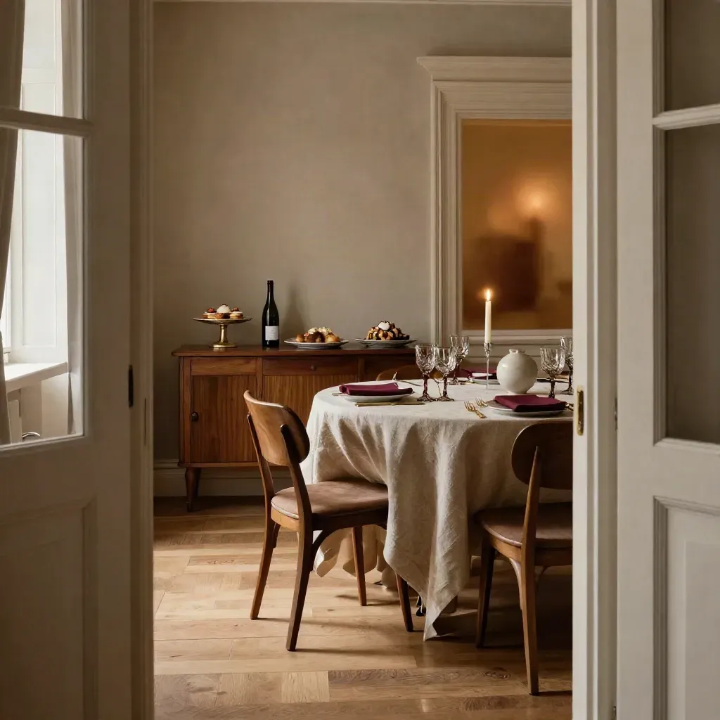 Ruhiger Essbereich mit zwei Gedecken, drei Gängen, Wein und Dessert auf Sideboard.