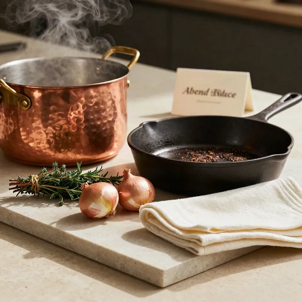 Steaming Kupfertopf, Gusseisenpfanne, Schalotten und Kräuter auf Steinplatte