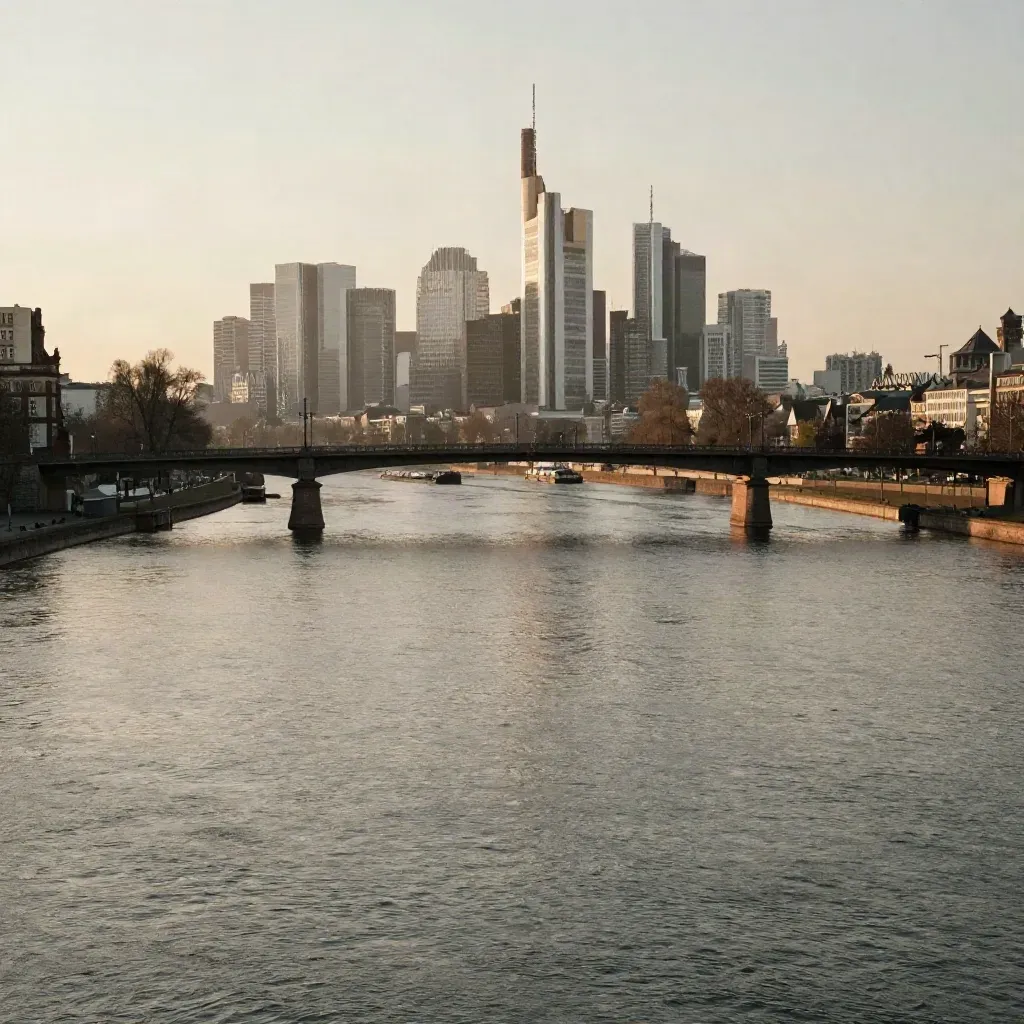 Frankfurter Skyline über dem Main im warmen Abenddunst mit Brücken und ruhigem Wasser