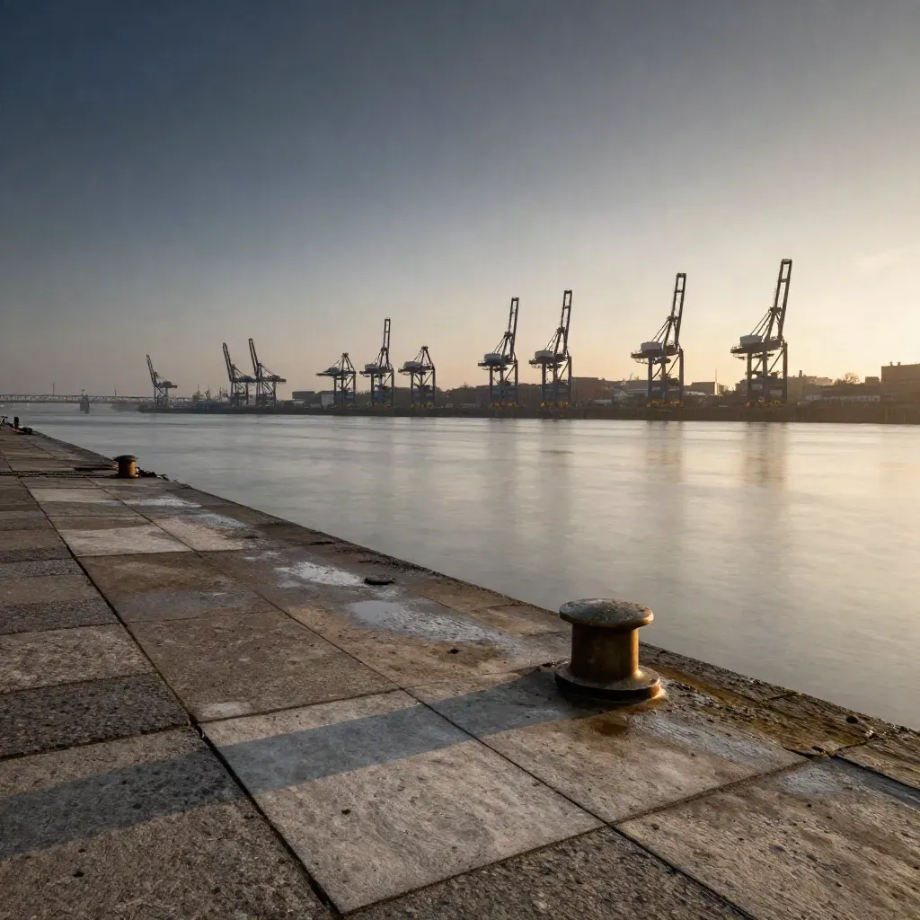 Hamburger Hafen bei Abendlicht mit Kränen, Speicherstadt und ruhigem Wasser im Dunst.
