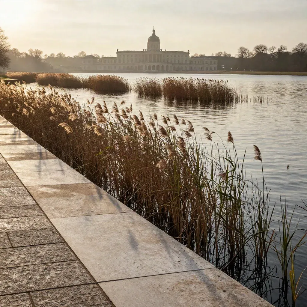 Potsdamer Havelufer mit Schilf, ruhigem Wasser und Sanssouci im Abendnebel