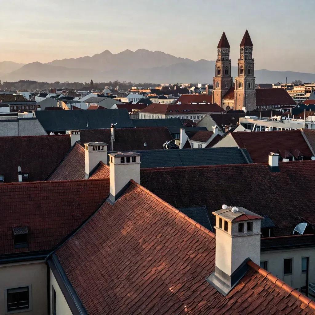 Münchner Dächer mit Frauenkirche und fernen Alpen im warmen Abendlicht.