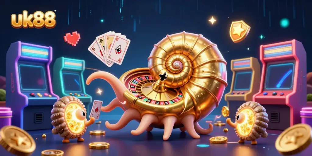 Catch the excitement at uk88 with an ancient nautilus roulette wheel, vibrant casino elements, and glowing arcade games.