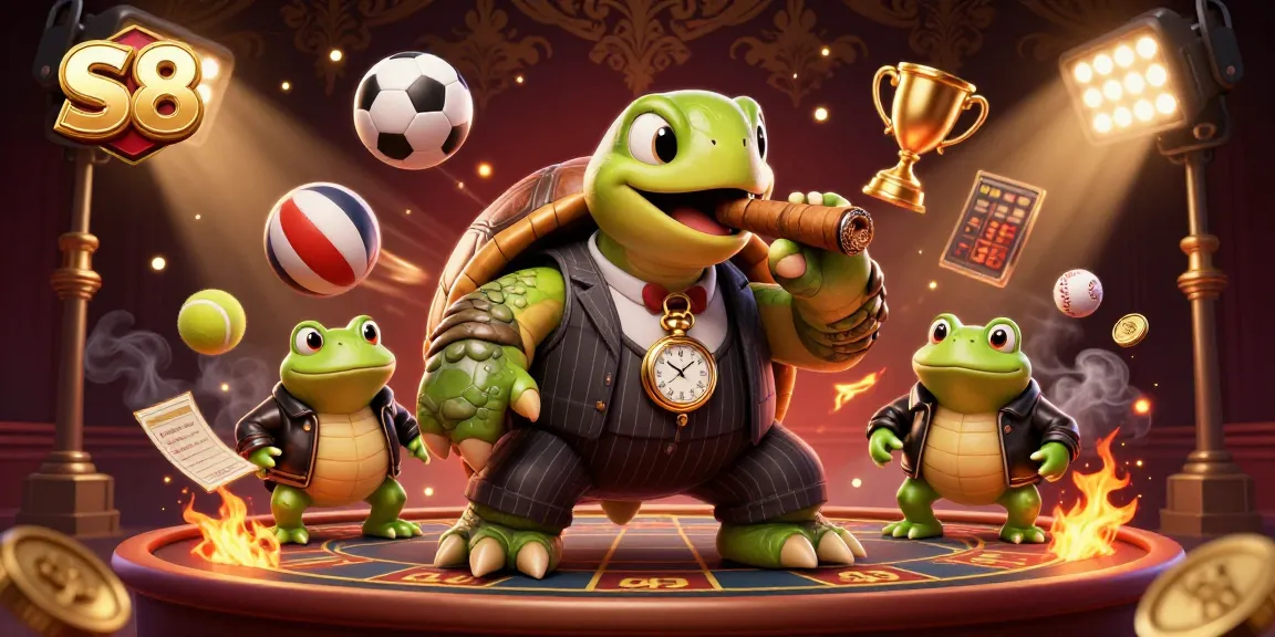 S8 scores big with a vivid 3D casino scene featuring a turtle mobster and bullfrog enforcers among sports elements.