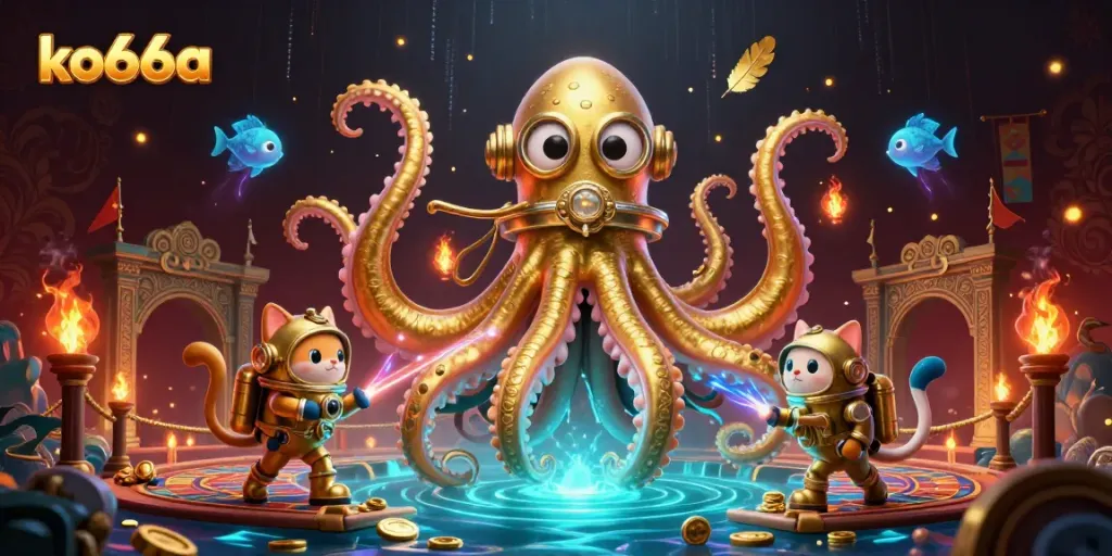 Experience thrilling gaming action with ko66a's vibrant 3D illustration of a kraken and diving cat amidst treasures.