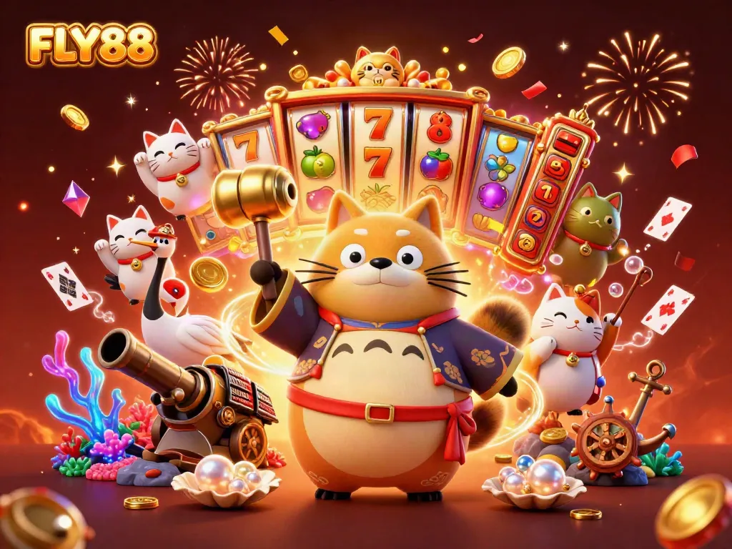 Experience thrilling wins with FLY88 in this lively 3D casino scene, featuring joyful characters and vibrant gaming elements.