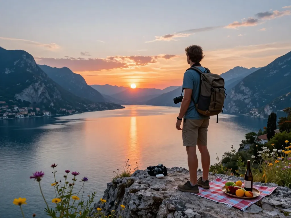 Beeindruckender Sonnenuntergang über dem Gardasee während des Urlaubs am Gardasee, mit einem Reisenden mit Rucksack, der die Landschaft genießt.