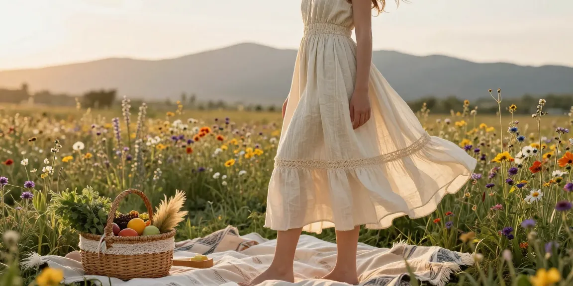 Model wearing handmade dresses made from natural fibers in a floral field.